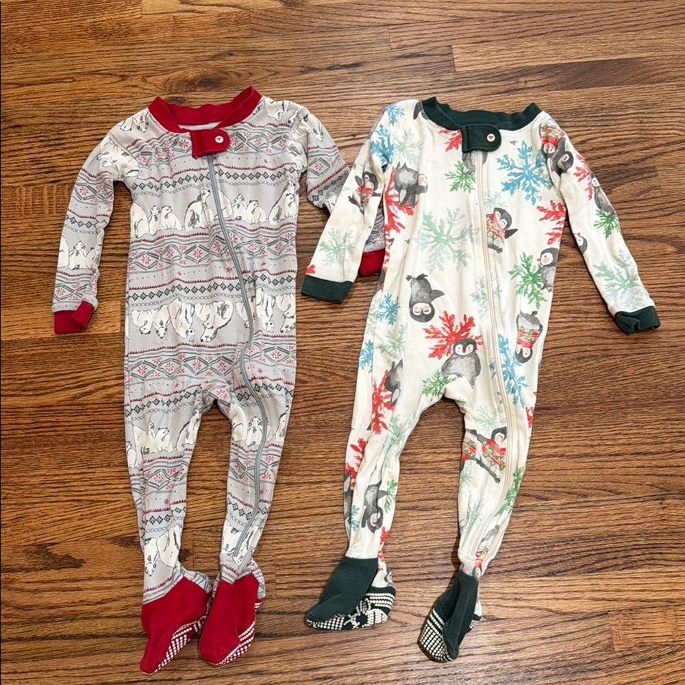 TWO Burt’s Bees Penguin/Polar Bear footie pajamas in EUC 12 month